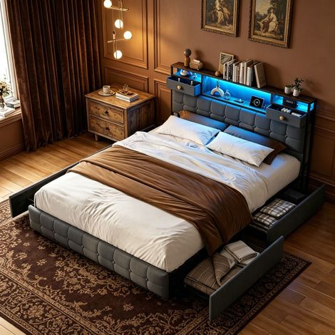 Lit double capitonné 160×200cm, lit adulte avec lumière LED, ports USB et Type-C, lit coffre avec tiroirs et espace de rangement, rangement dans la tête de lit, Sommier à lattes，Velours, Gris (1/5)