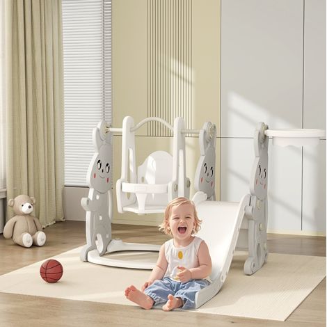 Tobogán y columpio infantil 4 en 1 de plástico gris con escalera y canasta OKWISH (1/5)
