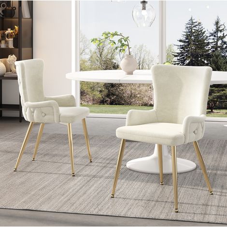 Silla de comedor de terciopelo beige y dorado, set de 2, diseno moderno con patas de metal,55×47×85cm (1/5)