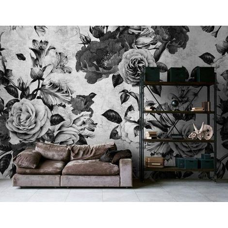 Papier peint panoramique noir et blanc moderne Tapisserie panoramique fleurie pour chambre Papier peint panoramique roses vintages (1/3)