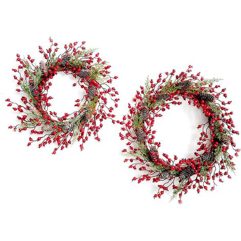 Couronne de rotin avec baies rouges artificielles, pommes de pin et fausses feuilles vertes, guirlande artificielle pour porte d'entrée, style rustique, décoration de Noël et d'Halloween. (1/4)