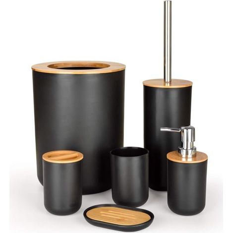 ZVD-6 Pcs Ensemble d'accessoires de Salle de Bain en Bambou, Ensemble d'accessoires de Salle de Bain, Bouteilles de Lotion, Porte-Brosse à Dents, Tasse à Dents, Porte-Savon, Brosse de Toilette, Poubel (1/4)