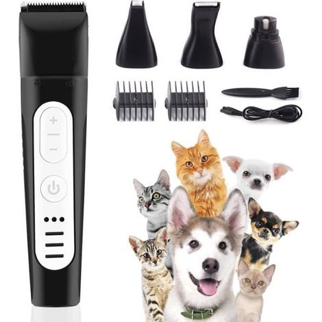 Tondeuse Chien Chat Professionnelle - 4 en 1 - Tondeuse Animaux Electrique sans Fil Rechargeable avec 2 Peignes Adaptables - Noir (1/4)