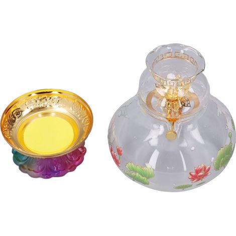 Lotus Huile Lampe Temple Bouddhiste Anti-Vent Lampe à Huile Offrande Guanyin Dieu de Richesse Lampe Perpétuelle (Sans Pétrole) Emballage Carton Base Dégradée + Lotus Moyen (1/5)