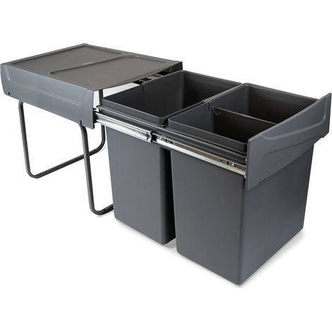 Emuca – Poubelle tri sélectif 2 compartiments 20L – Montage inférieur avec extraction manuelle – Acier et plastique gris anthracite