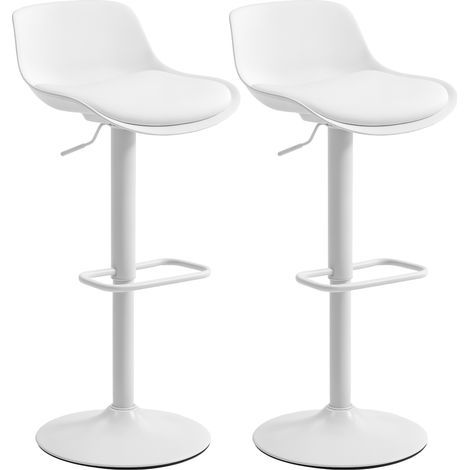 Set aus 2 hohen Barhockern mit Rückenlehne, höhenverstellbar, drehbarem Sitz und Fußstütze aus PU-Leder, weiß