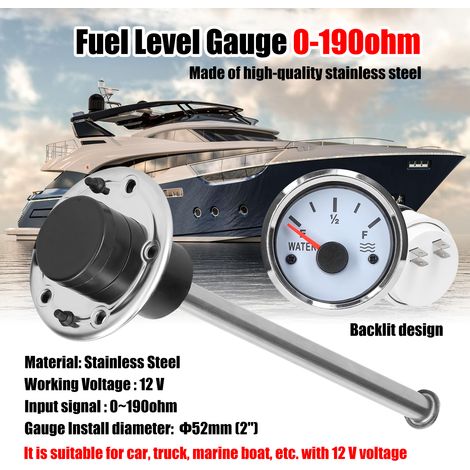Indicatore livello carburante da 52 mm, sensore in acciaio inossidabile da 215 mm, misuratore acqua 0-190 ohm con retroilluminazione per auto, camion, barca, settore nautico, 12 V (1/5)