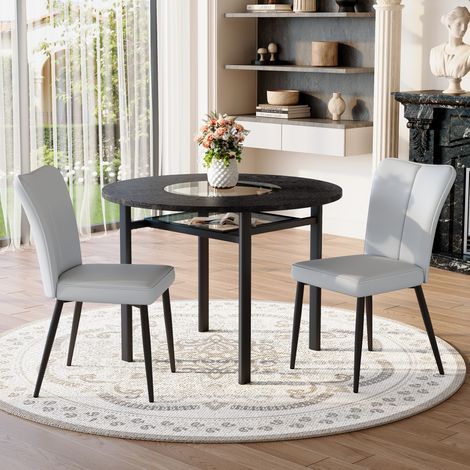 Ensemble table et chaises ronde 100 cm avec 2 chaises PU gris clair et pieds métal noirs DESVIAE (1/5)