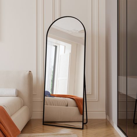 Miroir Bombé 165x60 cm - Miroir Plein Pied sur Pied ou Mural - Cadre en Aluminium & Verre Trempé Anti-éclats - Alliage d'aluminium & Verre - Noir