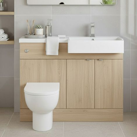 Hudson Reed Fusion RH Combination Unit with Square Semi Recessed Basin 1100mm Wide - Bleached Oak (1/4)
