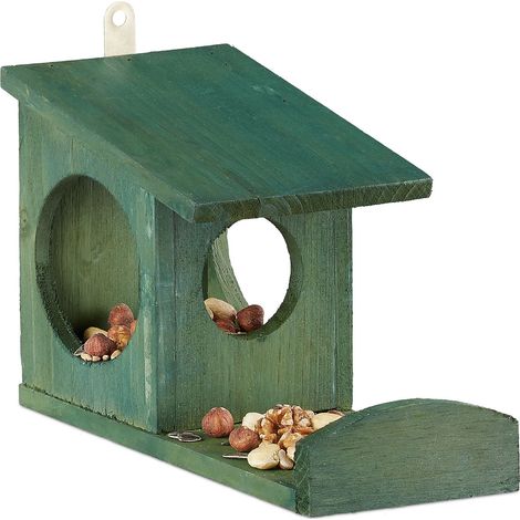 Relaxdays Squirrel Feeder House, Feeding Station Box, Hanging, Wooden, HWD: 17.5 x 14 x 25 cm, Dark Green