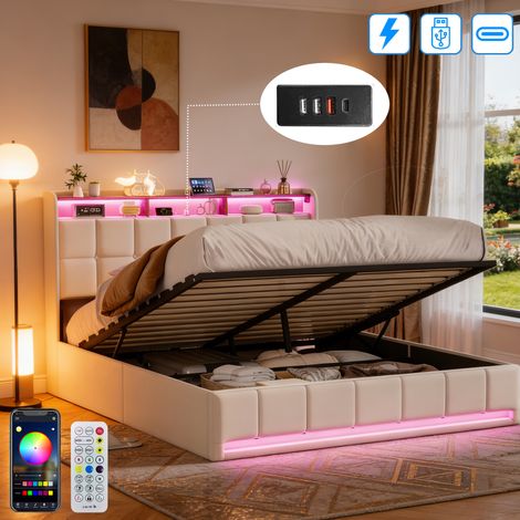 Lit Adulte 140x190 cm avec Sommier - Lit coffre avec Rangement - Lit 2 Personnes avec LED - Prise USB Tpye C Intégrée - Lin - Beige (1/5)
