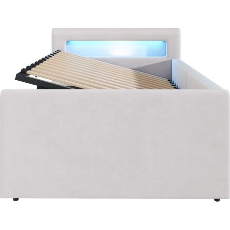 Cama infantil tapizada 90 x 200 cm beige con LED, USB, almacenaje hidráulico y somier de lamas (1/5)
