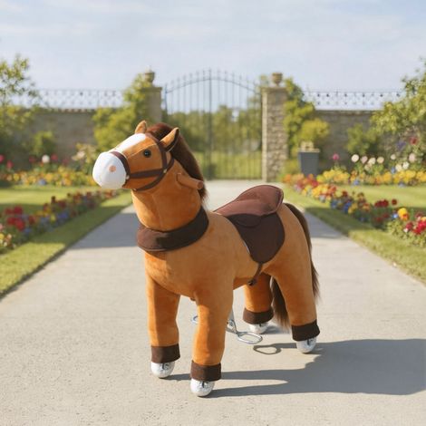 Cavallo a dondolo per bambini, rivestimento in tessuto, struttura robusta, ruote scorrevoli, adatto a bambini dai 3 ai 5 anni, marrone scuro.