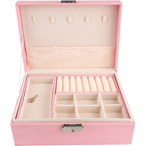 Herausnehmbare, zweistöckige Schmuckschatulle, Geschenkbox für Halsketten und Ringe aus rosa Kunstleder (1/5)