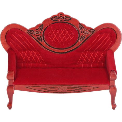 Canapé vintage rouge en bois miniature 1:12 pour décoration de maison de poupée, salon réaliste (1/5)