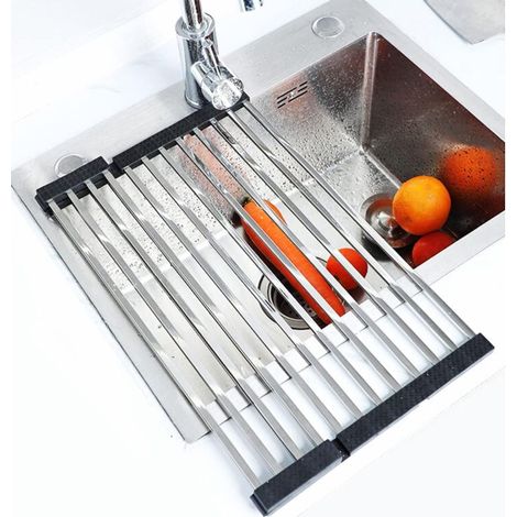 Égouttoir à vaiss pliable, tapis d'évier enroulable en acier inoxydable, égouttoir de cuisine argenté (16 tubes pliables 47 x 36 cm)