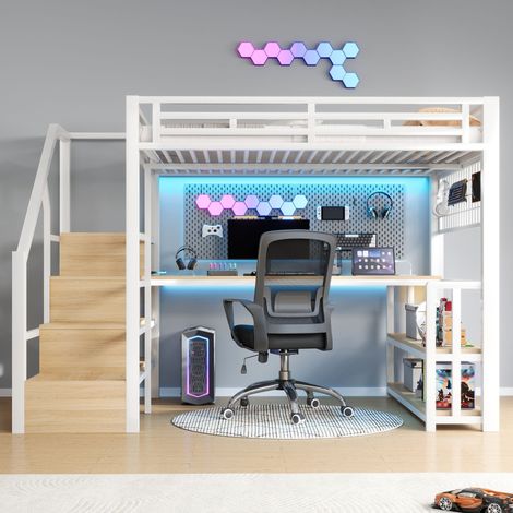 Lit mezzanine 140x200 cm avec bureau intégré, escalier de rangement, étagères, panneau perforé, LED, 2 USB et Type-C, métal et MDF, blanc (1/5)