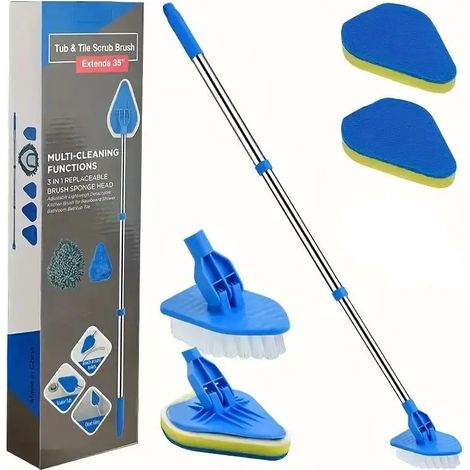 Cet ensemble de brosses de nettoyage extensibles 2 en 1 pour salle de bain comprend 3 têtes en éponge, 1 brosse de nettoyage et 1 manche en acier inoxydable. (Ensemble de brosses pour toilettes) (1/5)