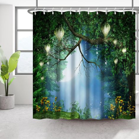 Rideau de Douche forêt Fantaisie Rideau de Douche Ciel étoilé Clair de Lune pour Salle de Bain Ambiance Nature Calme lanternes Arbre Rideau de Salle de Bain Accessoires 175x178cm (1/5)