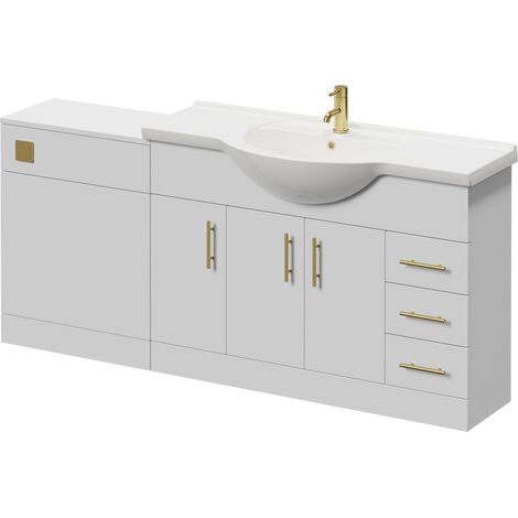 Alexander James Cento Gloss White 1800mm 3 Door Vanity Unit Toilet Suite - 1800mm - Brushed Brass 96mm Knurled Bar HandleWithout James Toilet Pan