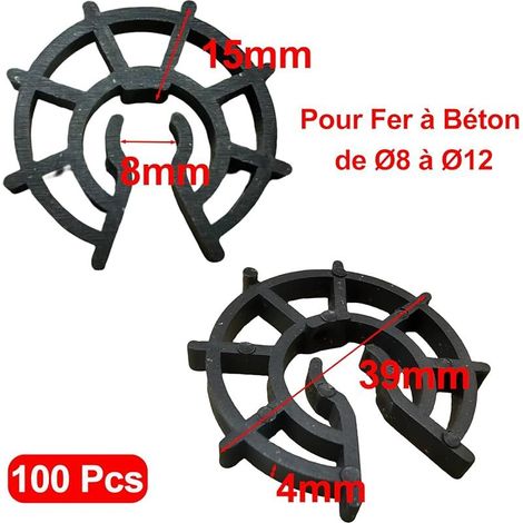 Lot de 100 Cales d'armatures pour Fer à Béton de Ø8 à Ø12, Enrobage Epaisseur 15 mm, pour Fixation Verticale, Dalle Armé Ferraillage, Accessoire de Coffrage à Clipser, Plastique, Noir (1/5)