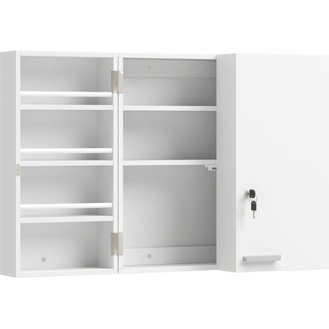 Armadietto Medicinali 53x20x53 cm con 3 Mensole Interne e 8 Portabottiglie in Legno e Metallo Bianco (1/5)