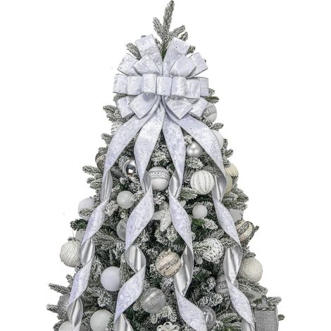 Grand nœud décoratif en velours pour sapin de Noël, 48 x 13 pouces, pour une décoration festive à la maison, argenté. (1/4)
