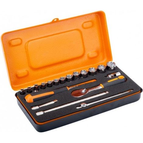 BAHCO - Jeu de douilles 1/4, 6 pans métriques et cliquet à tête ronde/manche T - 19p
