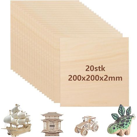 Planche de Bois 200x200x2mm Contreplaqué 2mm pour Bricolage Lot de 20 Feuilles de Bois Brut pour Architecture Maquette Décoration de Mariage Surface Lisse sans Éclats (1/5)