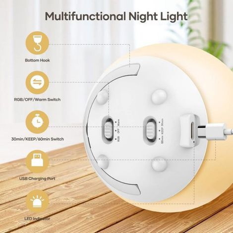 Veilleuse - LED Rechargeable USB - Dimmable Chaude Et 7 Couleurs - Minuterie 30/60 Min - Pour Chambre Enfant - 1 Pièce (1/5)