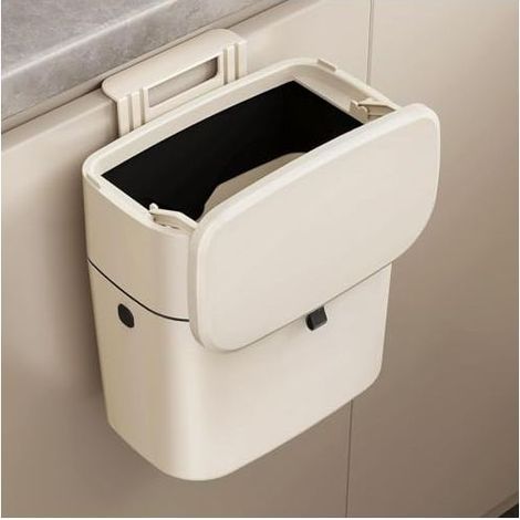 Poubelle de cuisine suspendue, poubelle de cuisine de 7 litres avec couvercle, poubelle de cuisine murale, petite poubelle de cuisine avec crochets, anti-odeurs (blanche) (1/5)