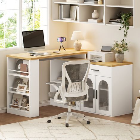 Îlot central fixe avec plateau rotatif 360°, meuble de rangement multifonction, table de bar à tiroir et étagères, buffet de salle à manger avec espace de stockage, bureau en angle blanc (1/5)