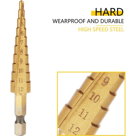 1 foret conique étagé HSS, coupe-trou, queue hexagonale, revêtement en titane (3-12 mm) (1/5)