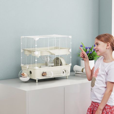 Crème et blanc - Cage pour hamster 2 niveaux et 3 portes avec roue, litière et tubes de jeu, cage pour animaux en acier, 5x28x44 cm
