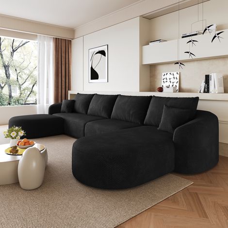 Ampio divano angolare a 4 posti con pouf, in tessuto ciniglia,compresso,non richiede montaggio,imbottitura in schiuma ad alta densità,design moderno,336x168x85cm,nero (1/5)