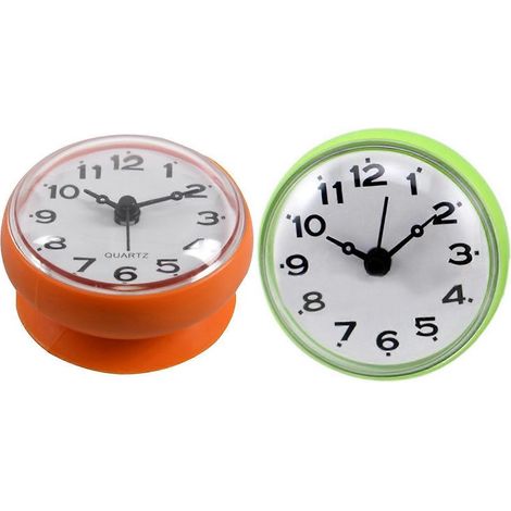 2 horloges étanches de 7 cm pour cuisine, salle de bain et douche, à ventouse, orange et verte. (1/5)