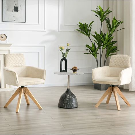 Lot de 2 chaises de salle à manger pivotantes 360°, tissu blanc crème, pieds en bois HAVRYA (1/5)