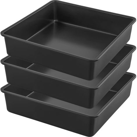 Lot de 3 plateaux de cuisson carrés en acier au carbone - 20 x 20 x 5,1 cm - Noir - Antiadhésifs - Multifonctions - Pour gâteaux, pain, pizzas, autres desserts (1/5)