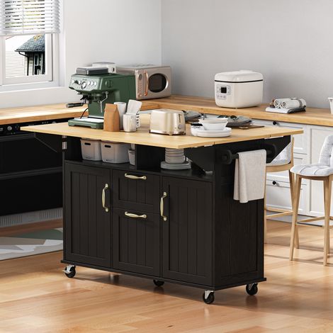 Îlot central de cuisine mobile - MODERNLUXE - 120x40-80x92 cm - Roulettes - USB et USB-C - 2 tiroirs - 2 portes - Noir