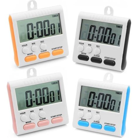 24-hour kitchen timer, children's timer (4 pieces), 4-color digital stopwatch with alarm, large size, for kitchen, shower, bathroom, children, teachers, classroom (1/5)