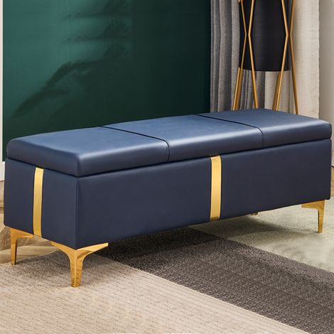 Cassapanca Contenitore Blu in Ecopelle con Piedini in Metallo Oro Panca Pouf (1/4)