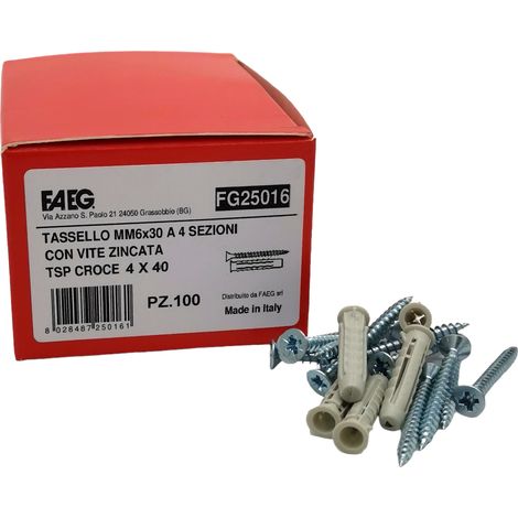 100 Tasselli con viti collarino 6 8 mm ad espansione in nylon GL a 4 sezioni per fissaggio a parete 6x30 mm