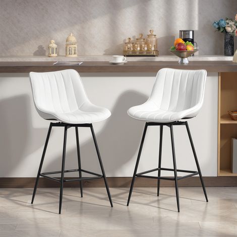 Lot de 2 tabourets de bar, chaises pivotantes à 360° rembourrées en cuir synthétique avec dossier et repose-pieds blancs