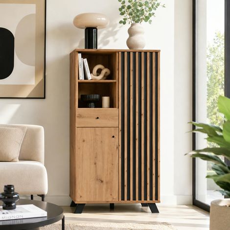 Buffet haut 1 porte noire rainurée 80 cm ALVA (1/5)