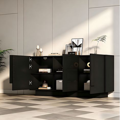 Buffet 160x35x60 cm 3 portes avec 6 compartiments de rangement, étagères réglables, panneau brillant noir (1/5)