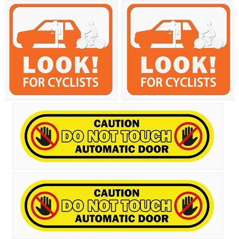Juego de 4 pegatinas de seguridad "Cuidado con los ciclistas" y "Advertencia de puerta automática" para vehículos, pegatinas de vinilo de alta visibilidad para ventanas de coche - Etiqueta (1/5)