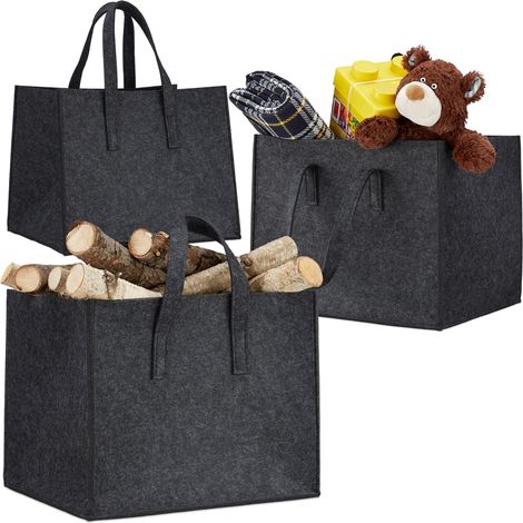 3x Kaminholzkorb aus Filz, 2 Griffe, zum Tragen, faltbar, belastbar, flexibel, Filzkorb, HBT: 35 x 43 x 37 cm, anthrazit