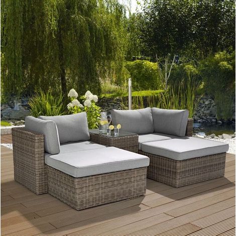 [GEBRAUCHT] B-Ware Lounge-Set Olea 5-teilig Polyrattan Sand Ecklounge Sitzgruppe Sonneninsel Garten