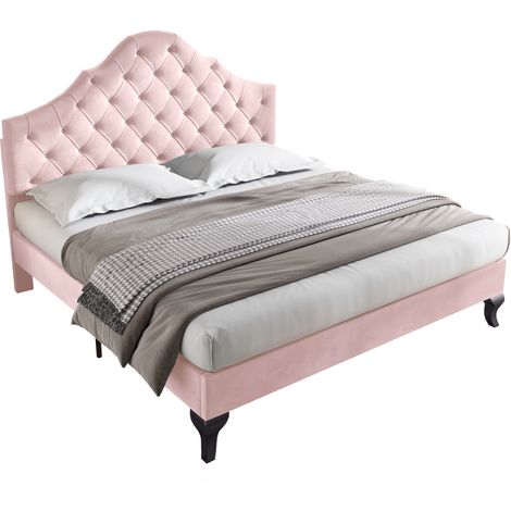 Letto matrimoniale 140x200 cm in velluto con testiera regolabile e rete a doghe, senza materasso, rosa (1/5)